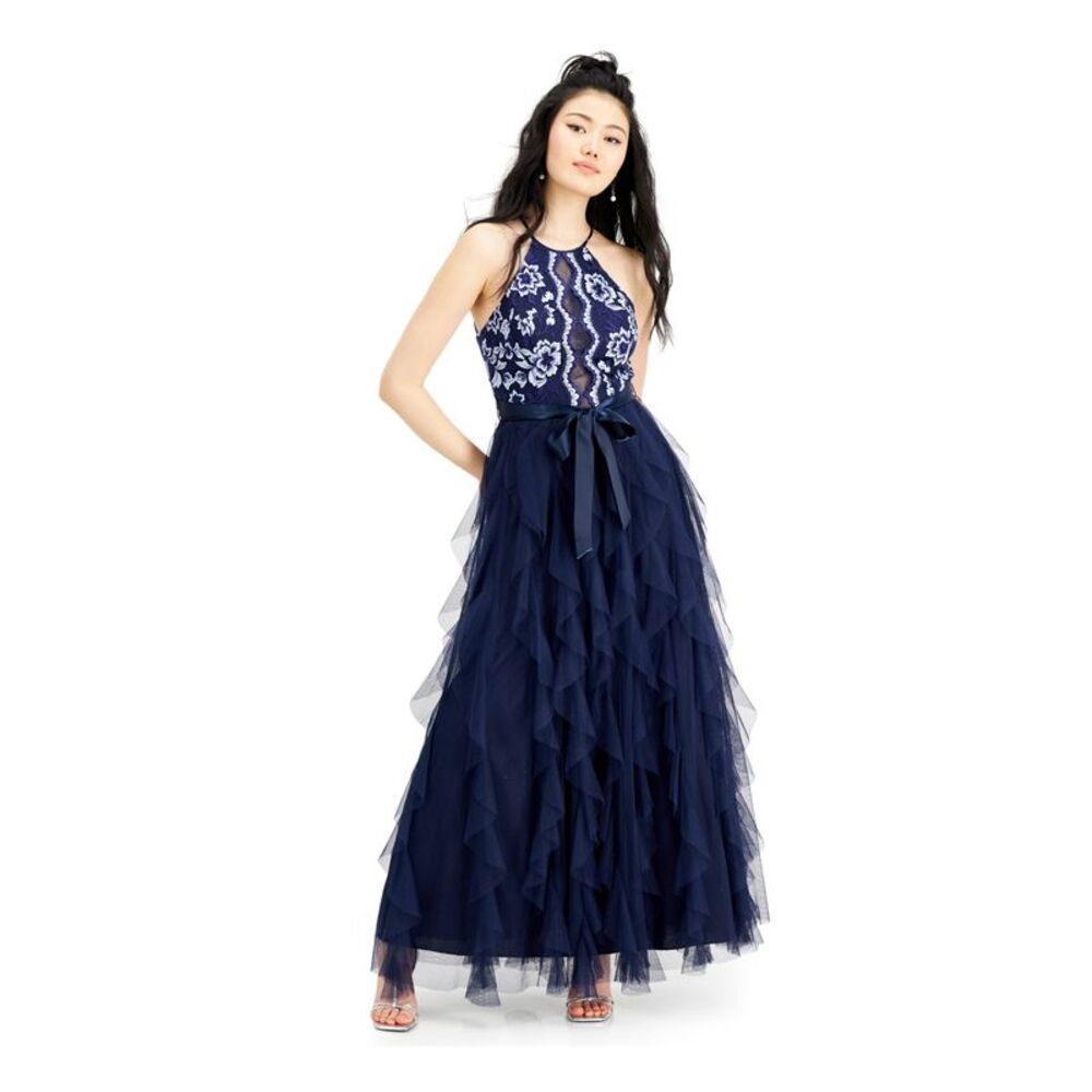 TEEZE ME Womens Layered Full-Length Dress Navy Sleeveless Formal Juniors 1\2 - Picture 1 of 4